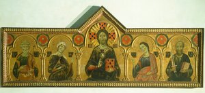 Vykupitel s Madonou a třemi svatými, od Meliore Toscano nebo Meliore di Jacopo (cca 1255-1285), tempera a zlato na desce, 85x210 cm, Detail
