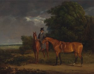 Ženich nasedl na lovce kaštanů a drží na otěžích lovce zátoky od Jacques-Laurent Agasse