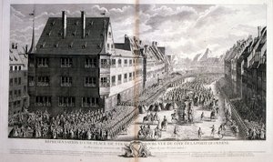 18. Jahrhundert Illustration von Ludwig XV., König von Frankreich, regierte 1715-1774, zieht durch die Rue de Strasbourg, Paris. von Jacques-Philippe Le Bas