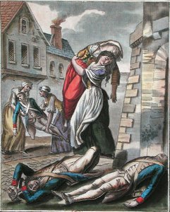 Ženy pomáhající zraněným během francouzské revoluce, rytina Labrousse, kolem roku 1795 (barevná rytina)