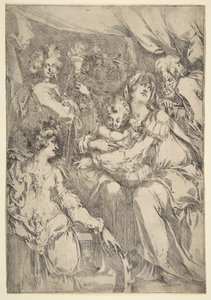 Svatá rodina se svatou Kateřinou, svatým Janem Evangelistou a andělem, 1612-16. od Jacques Bellange