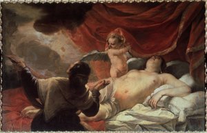 ""Danae"" Zeus se představuje Danae, aby ji svedl v podobě spršky zlatých mincí. Obraz Jacquese Blancharda (1600-1638) Státní skanzen Carskoje Selo ze 17. století, Petrohrad, Rusko