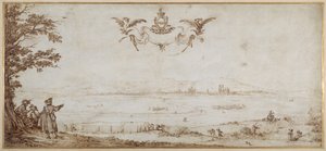Pohled na Toul přes rovinu, krajina s postavami, nebe s pažemi z porcelánu (pero a hnědý inkoust na pergamenu) od Jacques Callot