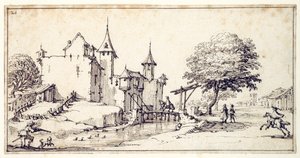 Zámek s padacím mostem (pero a hnědý inkoust na papíře) od Jacques Callot