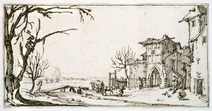 Seno přinášející ke středověké bráně vesnice, muž štípající větev, z alba patřícího Israeli Silvestre, kolem roku 1630 (pero a inkoust na papíře) od Jacques Callot