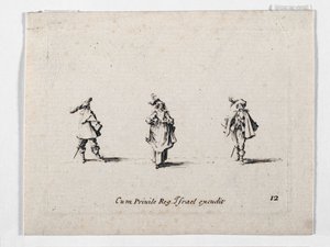 Dáma s kloboukem s pírkem a dva kavalíři, z ... (rytina) od Jacques Callot