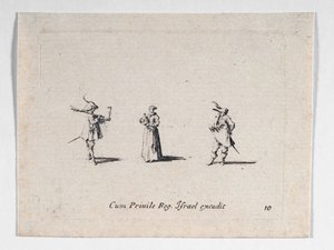 Dáma s lahví vína a dvěma kavalíry, od ... (rytina) od Jacques Callot