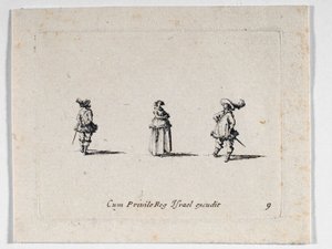 Dáma se založenýma rukama a dva kavalíři, od ... (rytina) od Jacques Callot