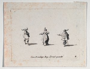 Dáma s nataženou rukou a dva kavalíři, od ... (rytina) od Jacques Callot