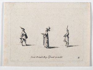 Dáma s kloboukem s plnovousem a dva kavalíři, z ... (rytina) od Jacques Callot
