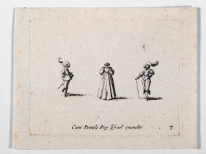 Dáma v bohatě řasených šatech, pohled zezadu, a dva kavalíři, z knihy Les Fantaisies de Noble J. Callot... (rytina) od Jacques Callot