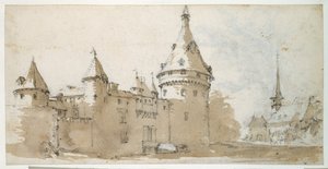 Zámek s věží a kostel (hnědá a šedá barva přes černou křídu na papíře) od Jacques Callot