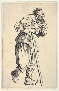 Vousatý muž oděný v hadrech, jednou rukou si drží hlavu a druhou hůl, z díla „Žebráci“ (Les Gueux) od Jacques Callot