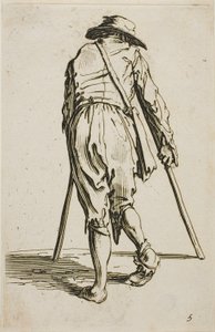 Žebrák o berlích a s kloboukem na hlavě, pohled zezadu, pátá deska z knihy Žebráci od Jacques Callot
