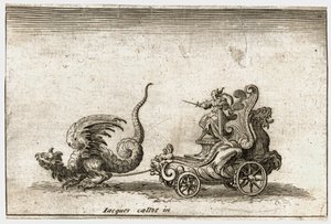 Combat a la barriere: Vůz tažený drakem... (rytina) od Jacques Callot