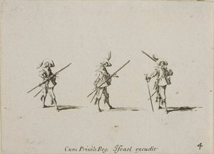 Vrták s mušketou, deska čtyři z Vojenských cvičení od Jacques Callot