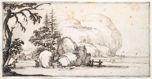 Fantastické skály u pobřeží, budovy na pobřeží (pero a hnědý inkoust na papíře) od Jacques Callot