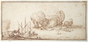 Fantastické skály, opevněné. Lodní doprava. Námořníci bivakují na dohled jejich plavidla (Le Grand Rocher) (pero a inkoust na papíře) od Jacques Callot