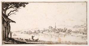 Převoz cestujícího přes řeku do malého města spojeného mostem s hradem (pero a hnědý inkoust na papíře) od Jacques Callot