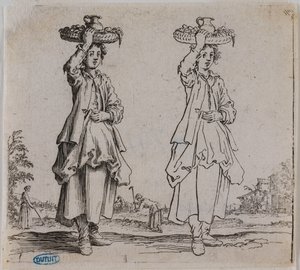 Různé postavy, „Venkovanka“ zepředu s košíkem na hlavě. Šestý kus ze série 16 děl (Lieure 203, Meaume 741) od Jacques Callot