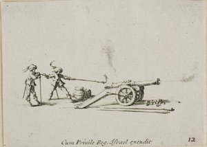 Střelba z kánonu, deska dvanáct z Vojenských cvičení od Jacques Callot