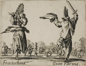 Fracischina - Gian Farina, deska 17 z knihy Balli di Sfessania od Jacques Callot
