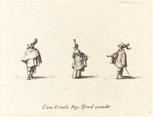 Dáma v šatech se shromáždila a dva pánové od Jacques Callot