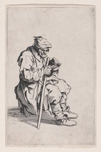 Sedící a jedící žebrák, ze souboru „Les Gueux, suite appelée aussi Les Mendiants, Les Baroni, ou Les Barons“ od Jacques Callot