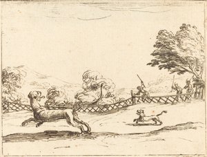 Lvice a mládě pronásledované lovci od Jacques Callot