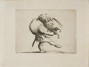 Muž hrající na gril jako housle, z Varie Figure Gobbi od Jacques Callot