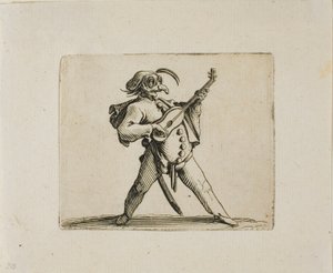 Maskovaný komik hrající na kytaru z Varie Figure Gobbi od Jacques Callot