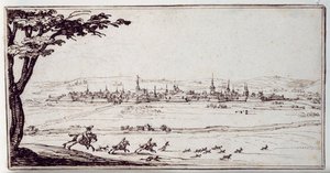 Nancy v dálce: Motáči pronásledují zajíce (pero a hnědý inkoust na papíře) od Jacques Callot