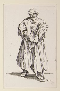 Obézní muž se sklopenýma očima, z Žebráků (Le mendiant obese aux yeux baisses) od Jacques Callot