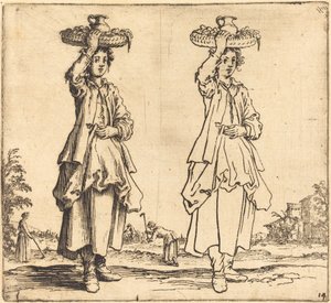 Rolnická žena s košíkem na hlavě, pohled zepředu od Jacques Callot