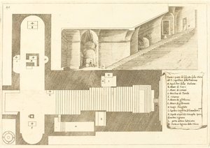 Plán a část převýšení kostela Božího hrobu Madony od Jacques Callot