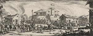 Plundrování a vypalování vesnice, 1633 (lept na položený papír) od Jacques Callot