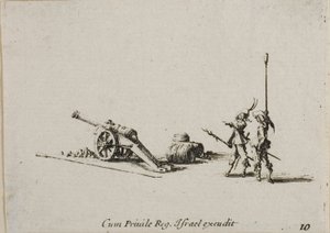 Příprava k vystřelení z kánonu, deska deset z Vojenských cvičení od Jacques Callot