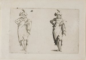 Gentleman viděný zepředu, s pravou rukou na boku, z The Caprices od Jacques Callot