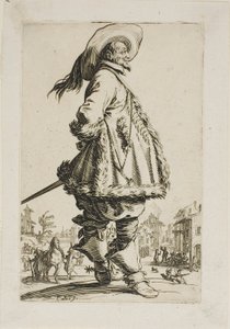 Gentleman v plášti lemovaném kožešinou, držící ruce za zády, deska sedm z La Noblesse od Jacques Callot
