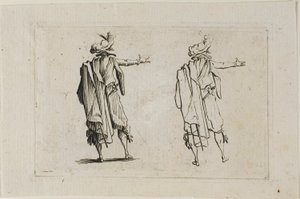 Muž viděný zezadu, pravá paže vztyčená, z The Caprices od Jacques Callot
