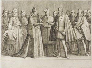 Sňatek Ferdinanda Medicejského a vévodkyně Kristiny Lotrinské, deska 1 ze Života Ferdinanda Medicejského od Jacques Callot