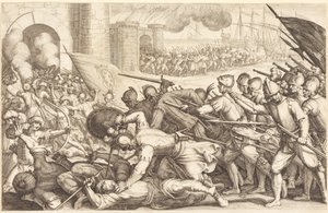 Vojska dobývající bránu města od Jacques Callot