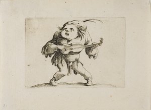 Rozkolísaný muž hrající na kytaru, z Varie Figure Gobbi od Jacques Callot