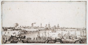Pohled na přístav La Rochelle s galeonami střílejícími na pozdrav (pero a hnědý inkoust na papíře) od Jacques Callot