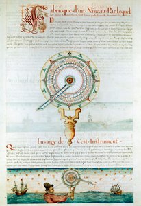 Navigační přístroje: navigátor využívající astroláb. Stránka převzata z „Les Premieres Works de Jacques Devaulx Pilot en la Marine““ od Jacquese de Vaulxe (16. století) od Jacques Devaulx