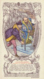 Karel V. zvedl Tizianův štětec poté, co jej upustil při práci na portrétu císaře (barevné lito)