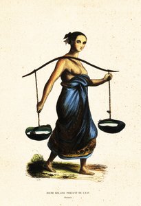 Mladá malajská žena nesoucí bledule vody s jhem
