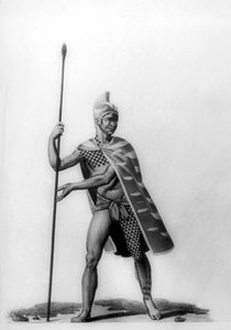 Mladý důstojník v typickém kostýmu malo, Havaj, 1819