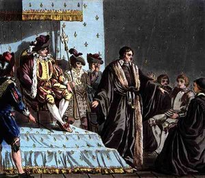 Kancléř Francois Olivier (nar. 1488) pletl spiknutí velvyslance Ferdinanda I. (1503-64), vyryl Jean Baptiste Morret (fl. 1790-1820)