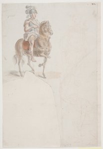 Jezdec v římském kostýmu s opeřenou helmou. Také dvě slabé kresby červenou křídou stojících a poloklečících mužů. od Jacques Francois Joseph Saly